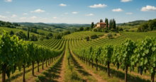 Des rang&eacute;es de vignes m&egrave;nent &agrave; une magnifique villa toscane